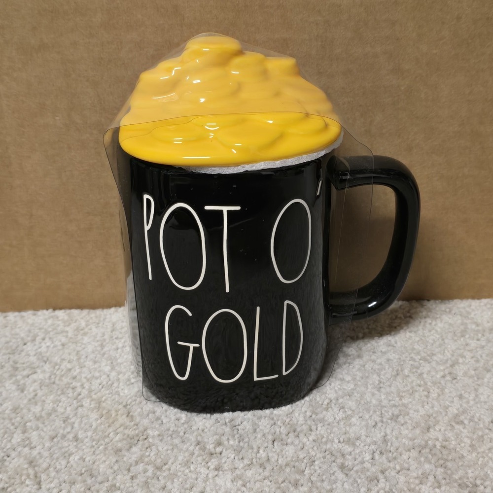 Rae Dunn POT O GOLD Mug Shamrock Lid St. Patrick's‎ Day Black Yellow Magenta